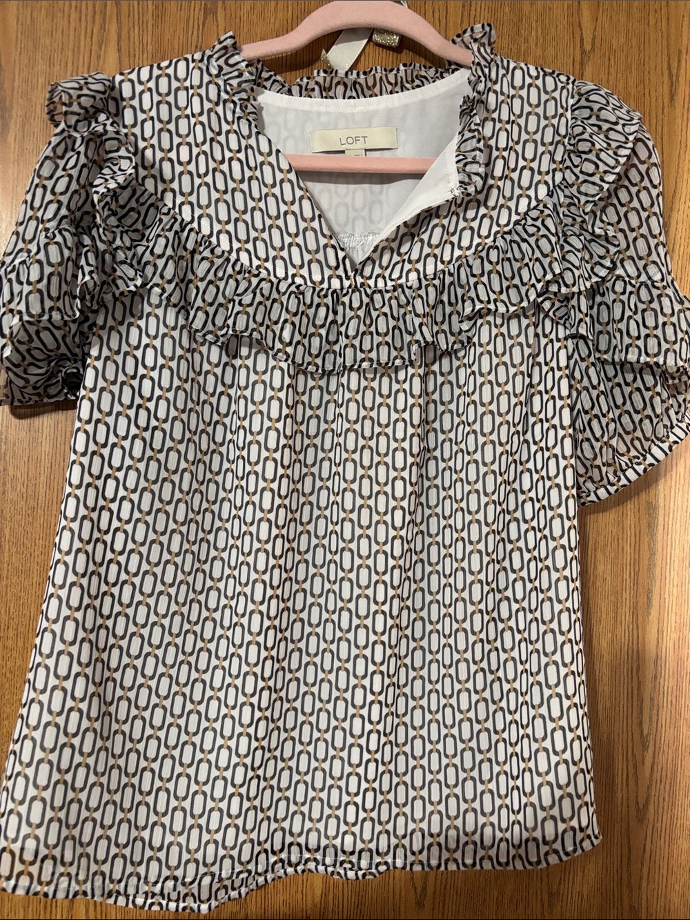 LOFT White Blouse with Brown Link Print and Ruffle Detail